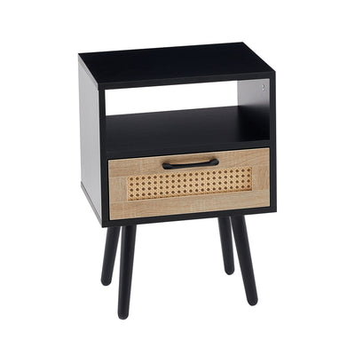 15.75" Rattan End table with drawer and solid wood legs Modern nightstand side table for living room black - Korvel