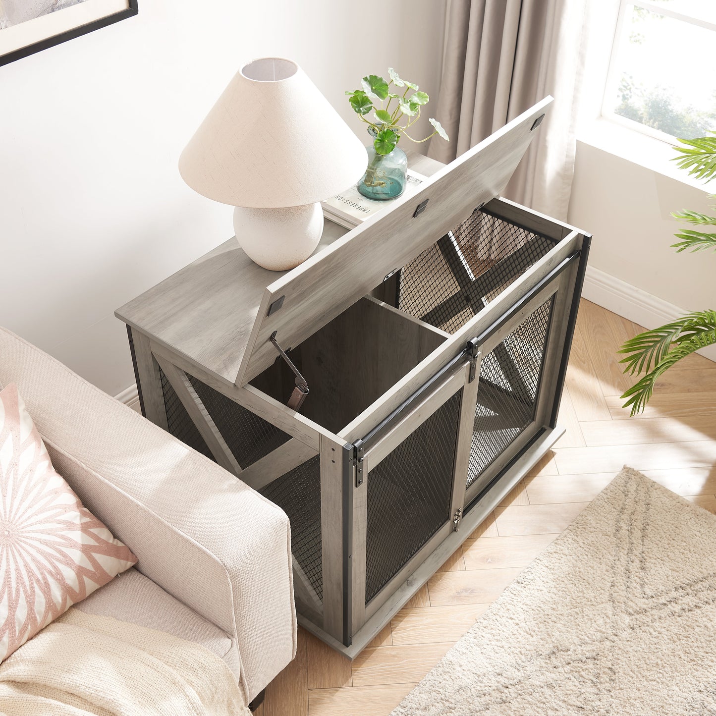 Farmhouse Dog Cage Crate Furniture with Sliding Barn Door, Farmhouse Wooden Dog Kennel End Table with Flip-top Plate Dog House - Korvel