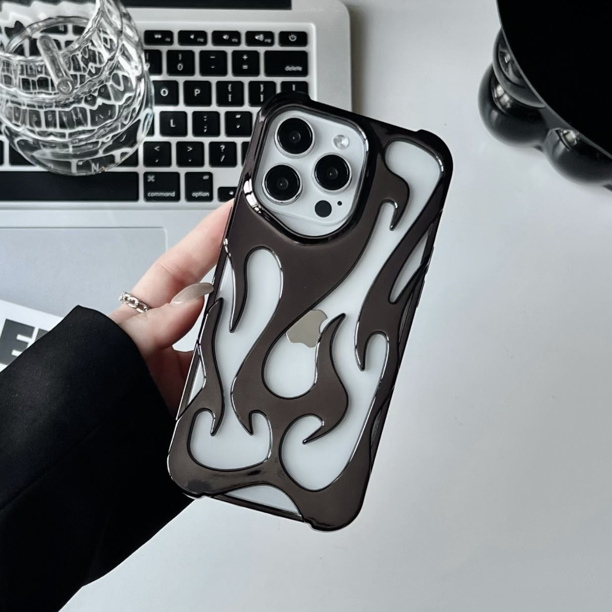 Electroplated hollow flame pattern phone case suitable for iPhone 15 Pro, simple all inclusive, Apple 14 anti drop protective cover - Korvel
