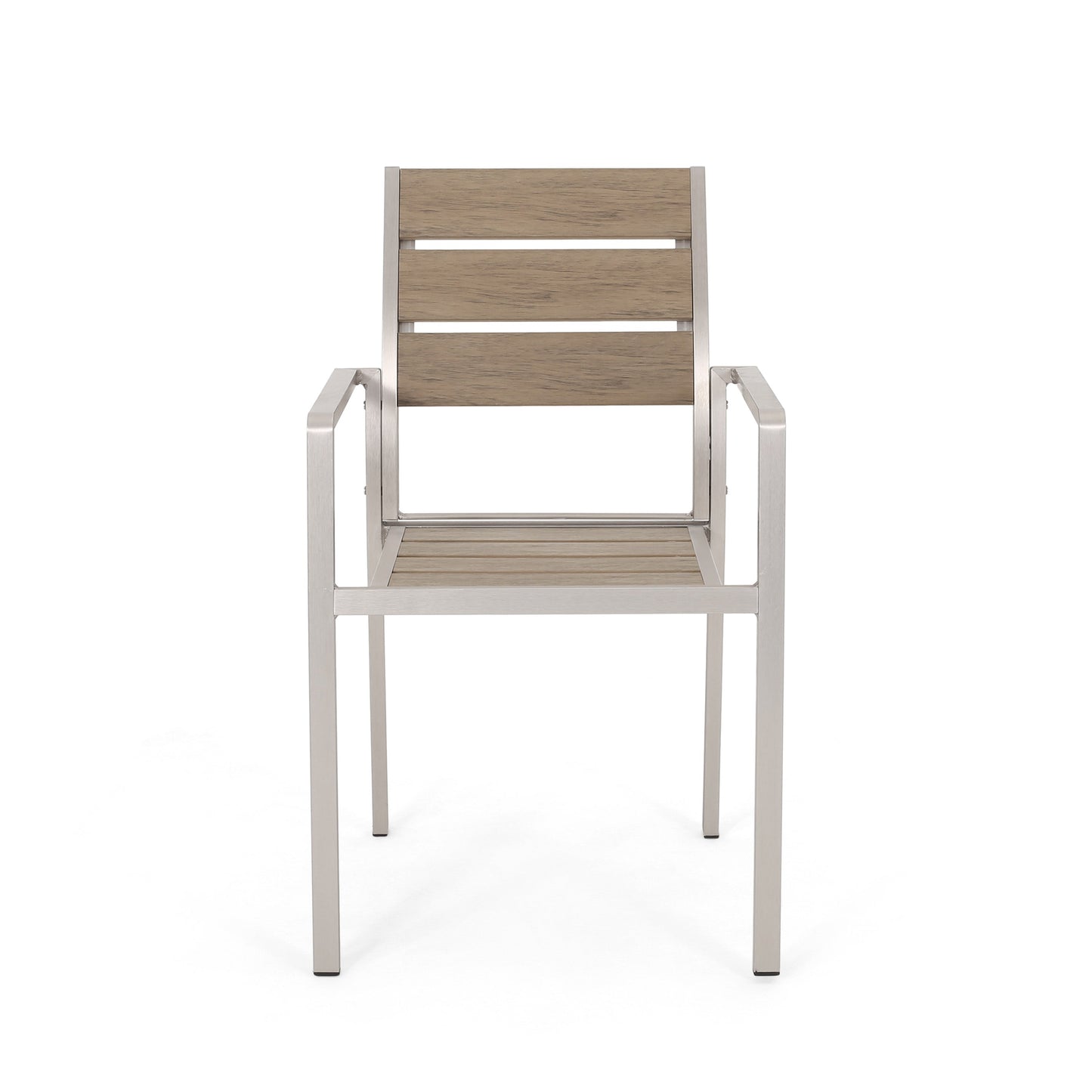 Outdoor Modern Aluminum Dining Chair with Faux Wood Seat (Set of 2), Natural and Silver - Korvel