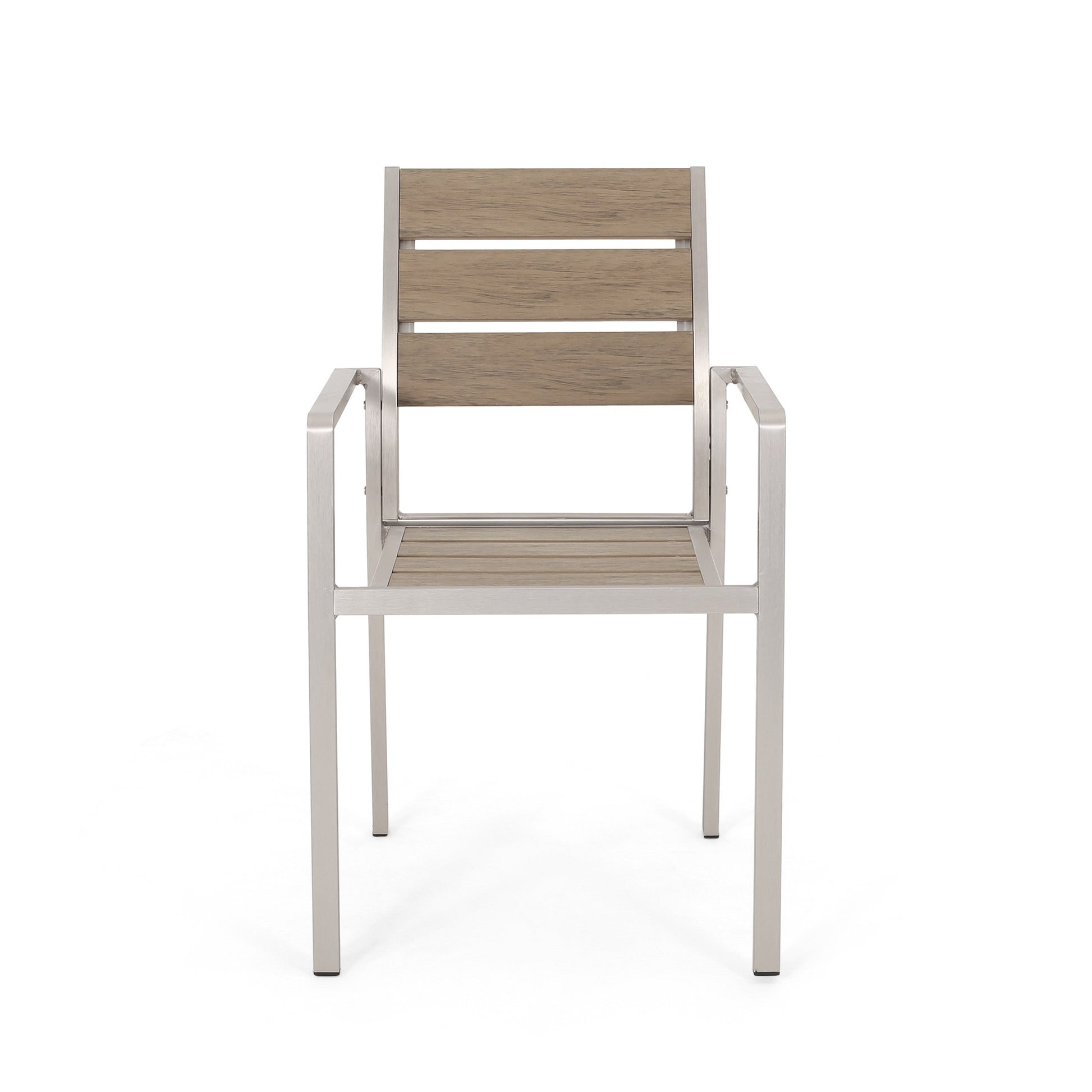 Outdoor Modern Aluminum Dining Chair with Faux Wood Seat (Set of 2), Natural and Silver - Korvel