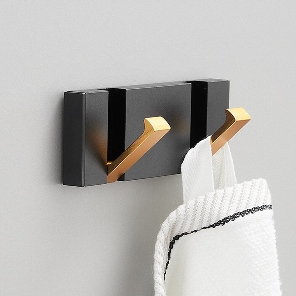 Folding Towel Hanger 2ways Installation Wall Hooks Coat Clothes Holder for Bathroom Kitchen Bedroom Hallway, Black Gold - Korvel