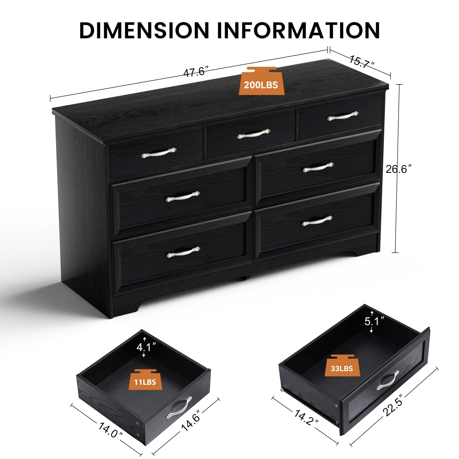 Modern 3 Drawer Bedroom Chest of Drawers with 7 Drawers Dresser, Clothes Organizer -Metal Pulls Black, 47.6″L x 15.7″W x 26.6″H - Korvel