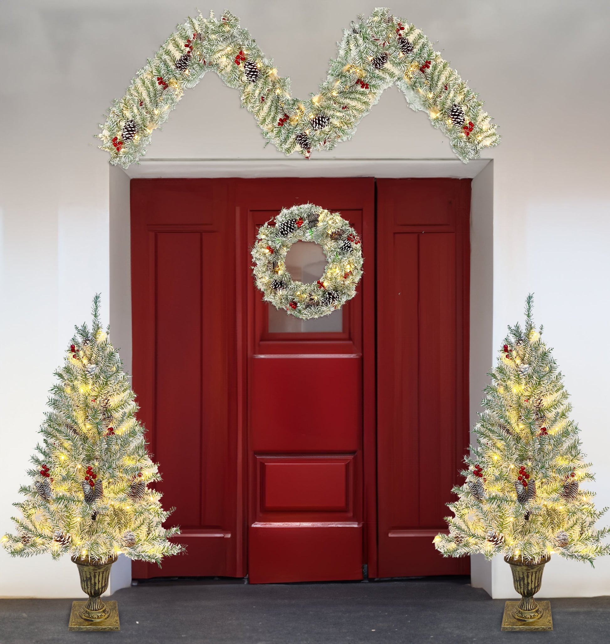 Pre-lit Xmas Tree Artificial Christmas 4-Piece Set,Garland, Wreath and Set of 2 Entrance Trees X-mas - Korvel