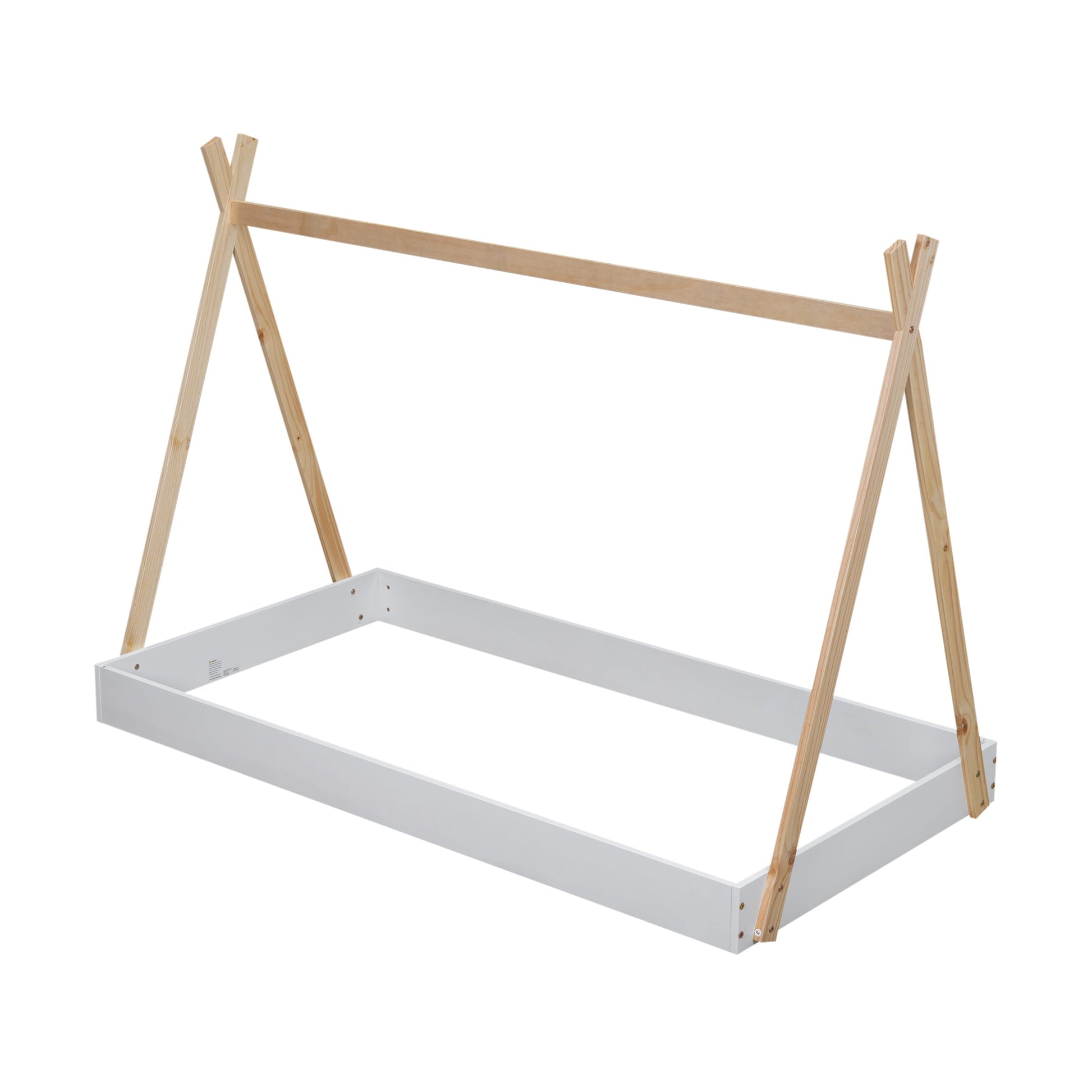 Twin Size Tent Floor Bed with Triangle Structure  White+Natural - Korvel
