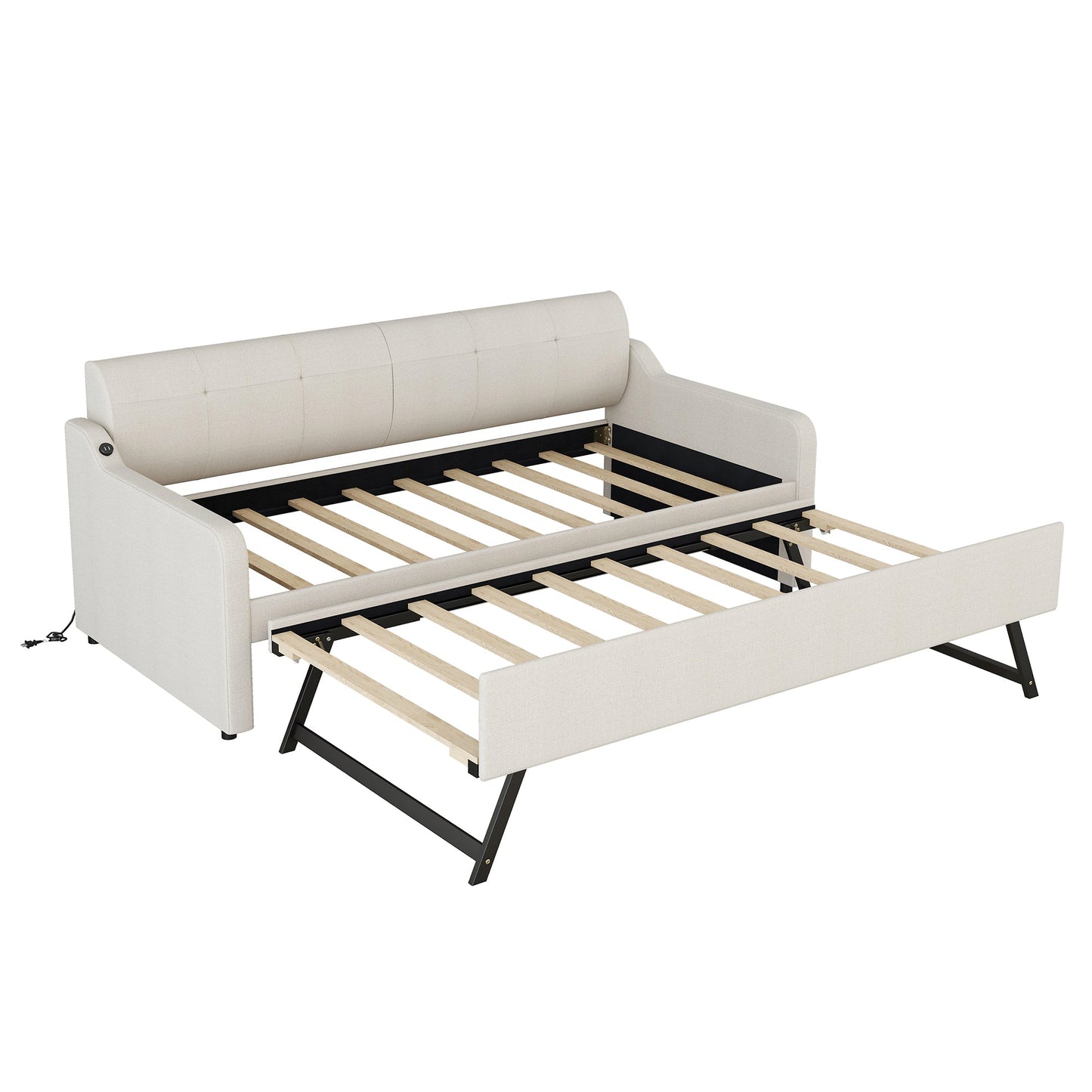 Twin Size Upholstery Daybed with Trundle and USB Charging Design Trundle can be flat or erected Beige - Korvel