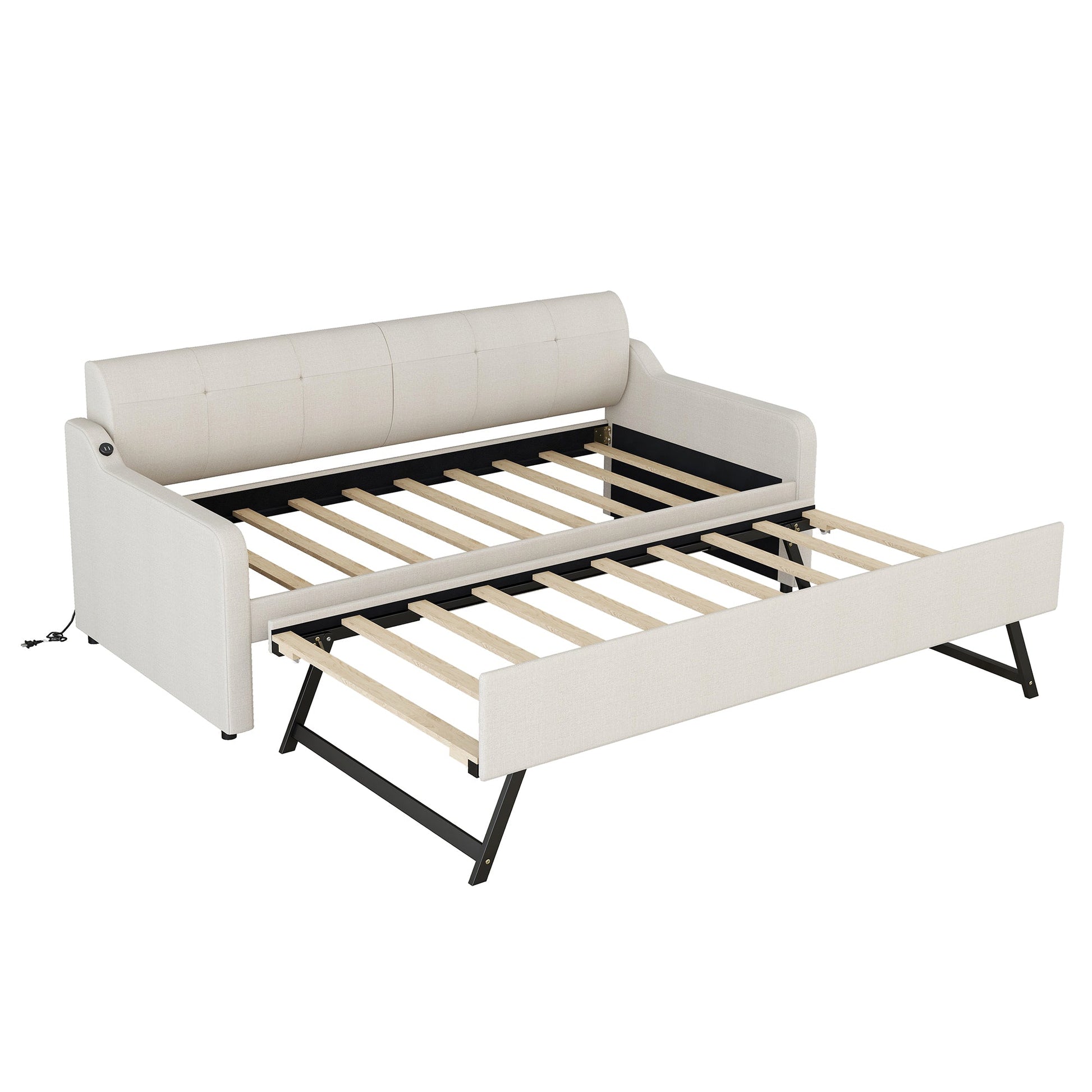 Twin Size Upholstery Daybed with Trundle and USB Charging Design Trundle can be flat or erected Beige - Korvel