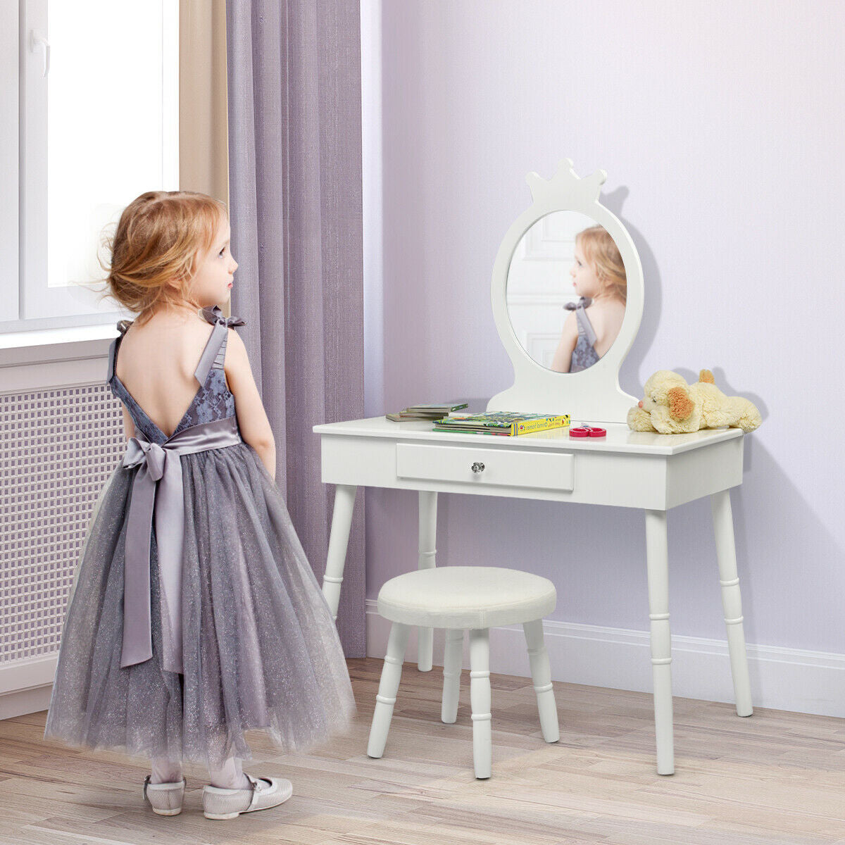 Kids Vanity Makeup Table & Chair Set - White