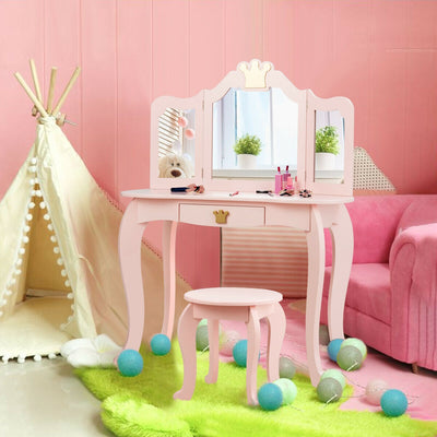 Kids Makeup Dressing Table with Tri-Folding Mirror - Pink