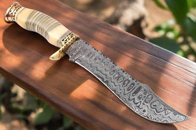 Artisan Bowie Knife - Handcrafted Damascus Steel with Bone Handle & Brass Accents - Korvel
