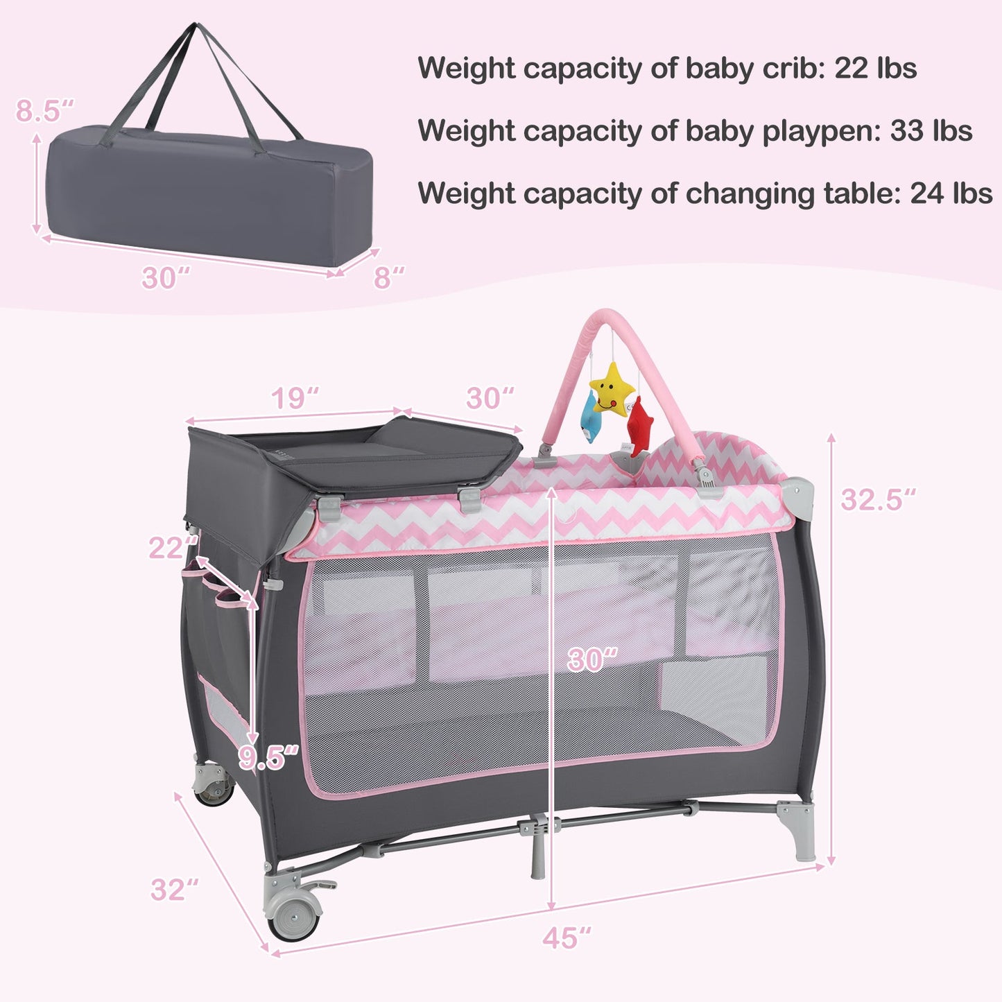 3-in-1 Portable Baby Playard with Zippered Door - Pink