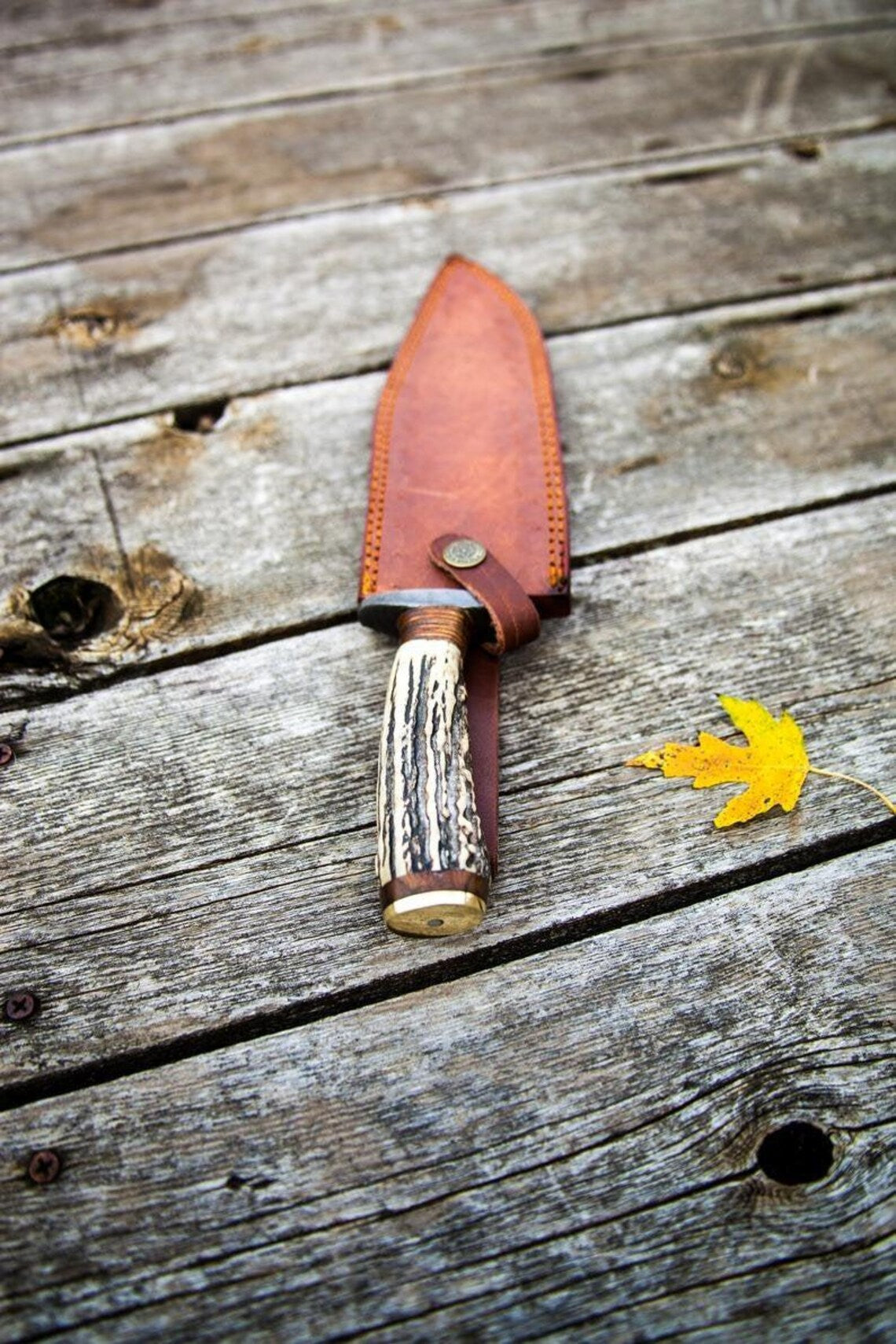 Authentic 1800s Bowie Knife – 15" Damascus Steel Blade with Stag Horn Handle & Leather Sheath - Korvel