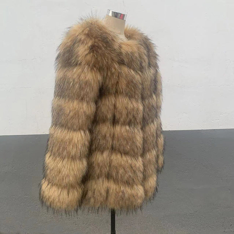 Women's Faux Raccoon Patchwork Synthetic Fur Overcoat