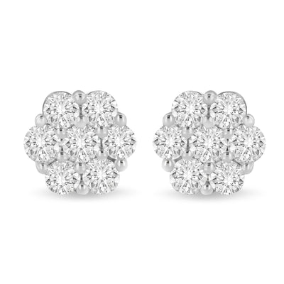 14K White Gold Floral Cluster Diamond Stud Earrings