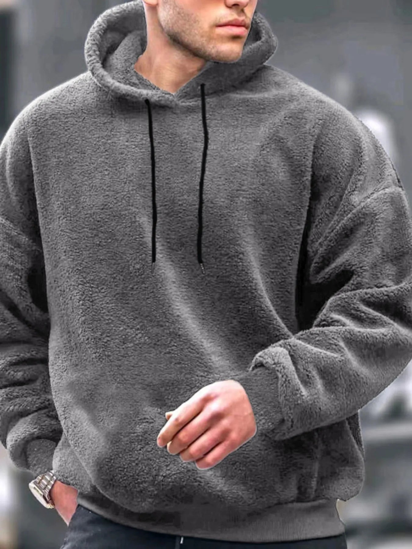 Hoodie en Fleece à Manches Longues avec Cordon de Serrage pour Homme
