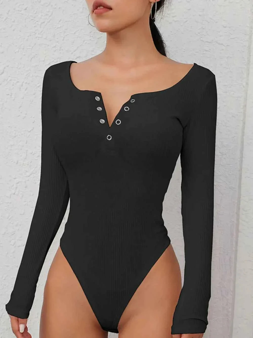 Body de Manga Larga con Cuello Redondo y Botones en la Parte Superior