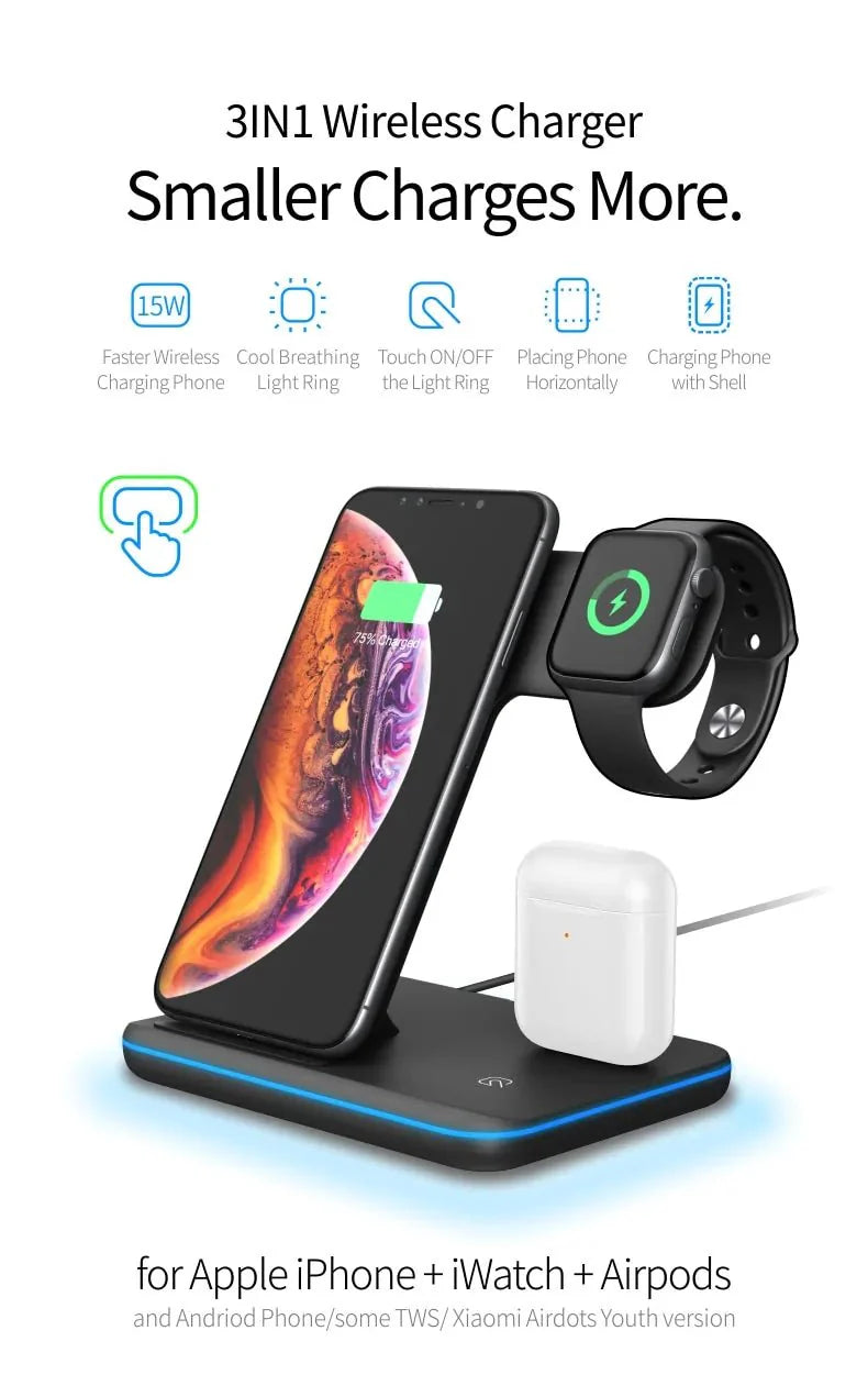 Cargador Inalámbrico Qi de 15W para iPhone, Samsung, Apple Watch, AirPods