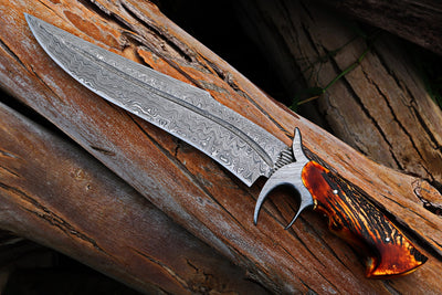Legendary RED DRAGON SLAYER Bowie Knife – Handcrafted Damascus Steel Blade with Antler Handle & Leather Sheath | 16-Inch Hunting Companion - Korvel