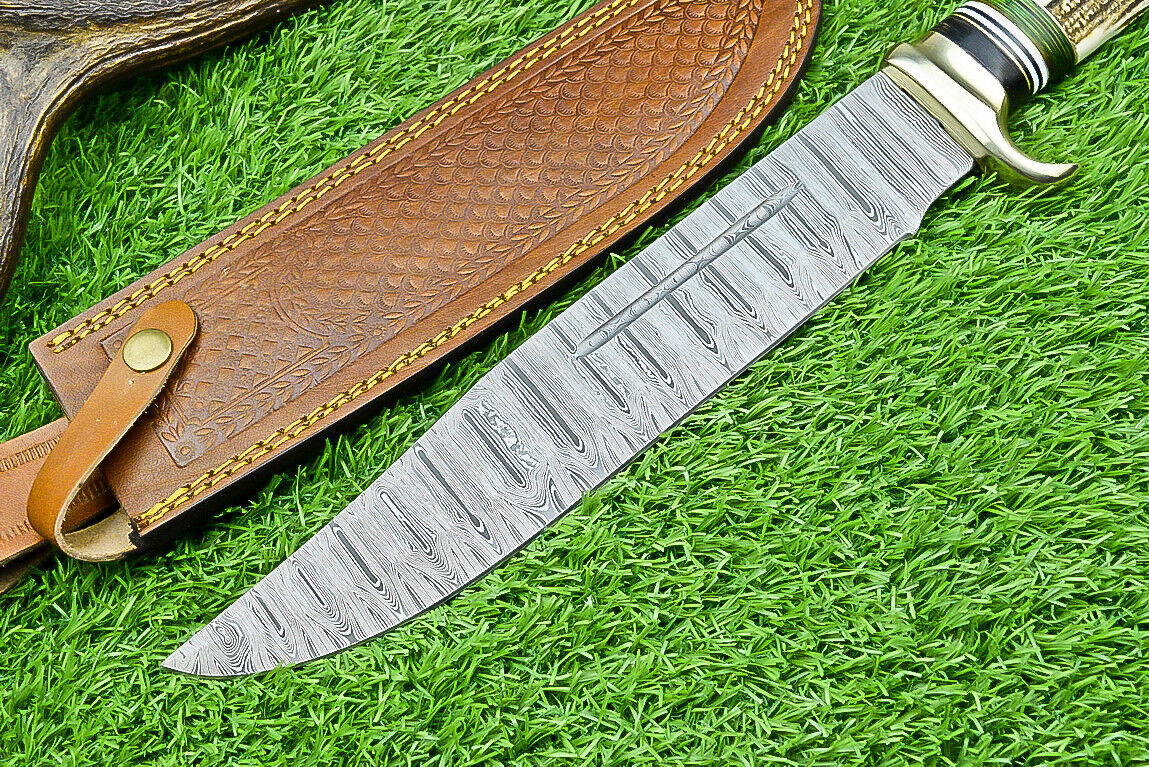 Premium Dundee Bowie Knife – 16" Handcrafted Damascus Steel Blade with Brass Guard & Choice of Pakkawood or Stag Horn Handle + Leather Sheat - Korvel