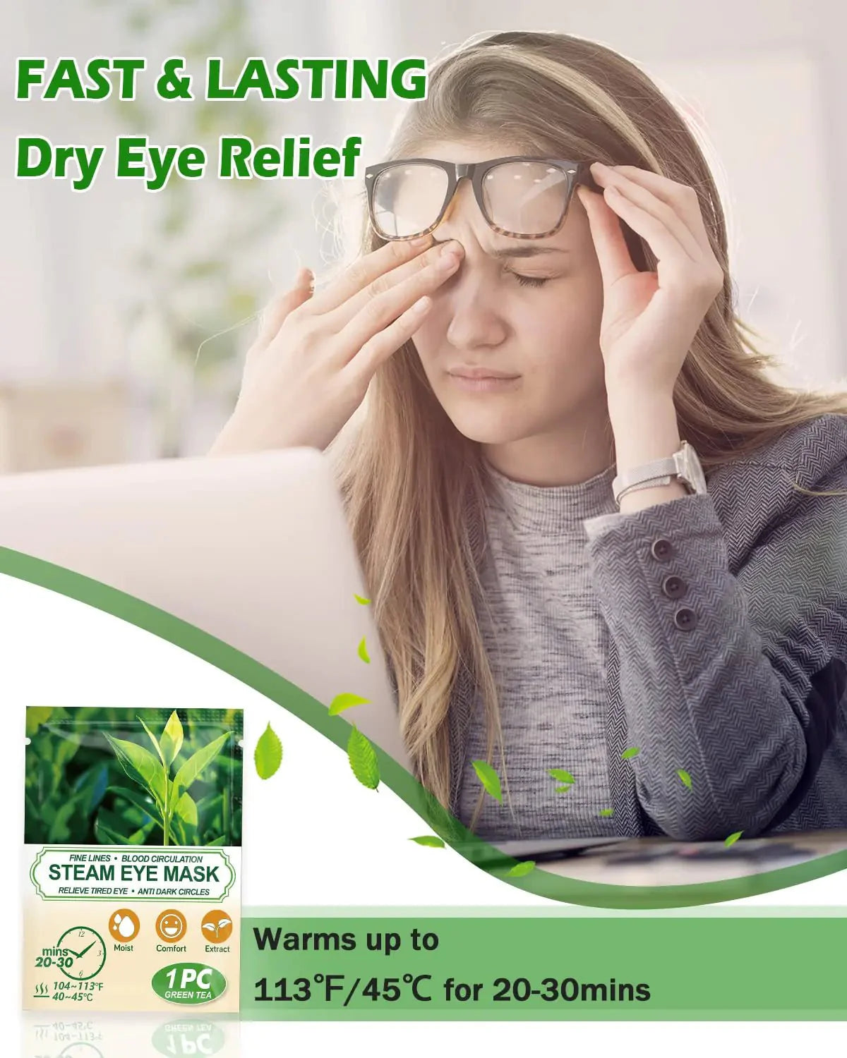 Green Tea Steam Eye Masks - 16 Pack for Relaxation