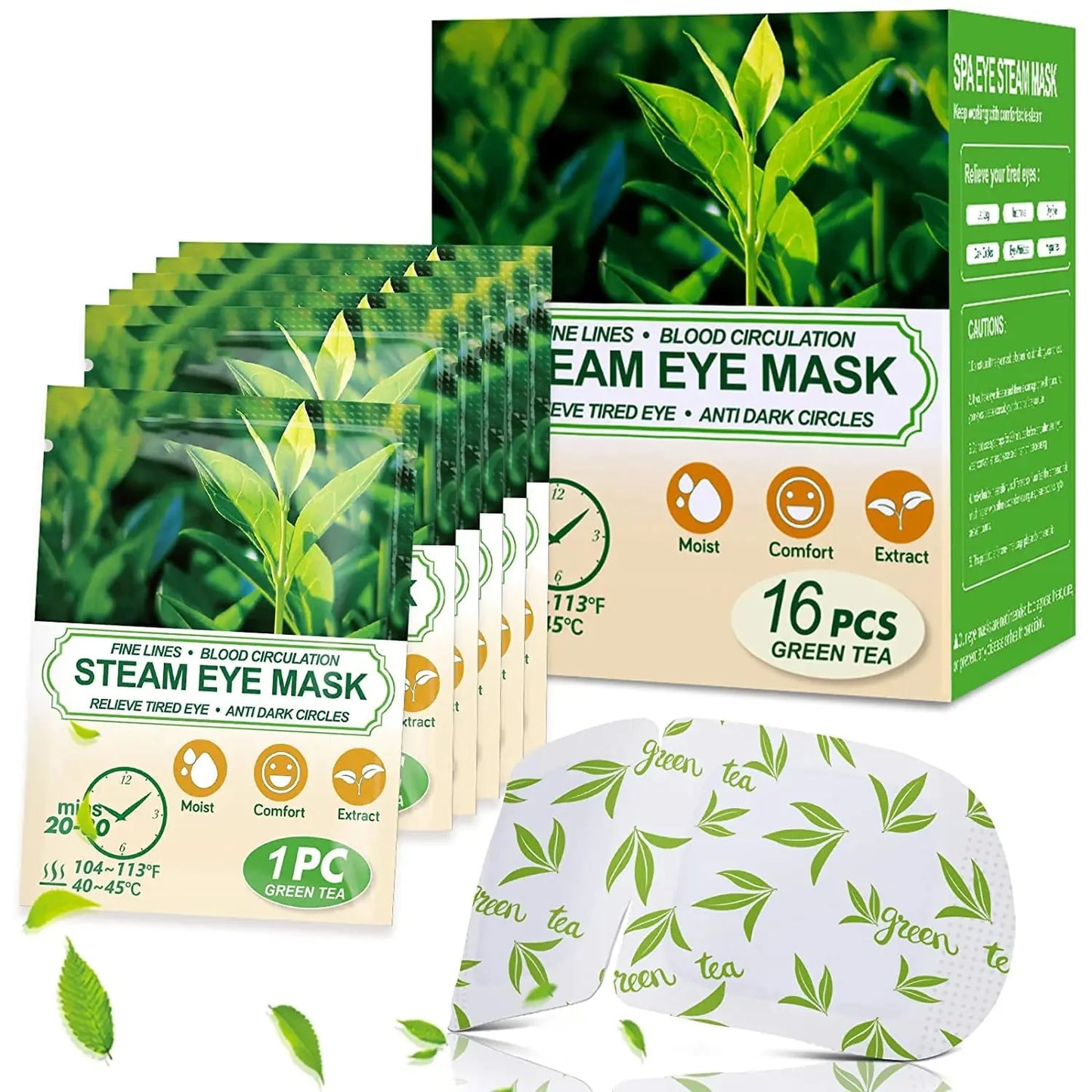 Green Tea Steam Eye Masks - 16 Pack for Relaxation