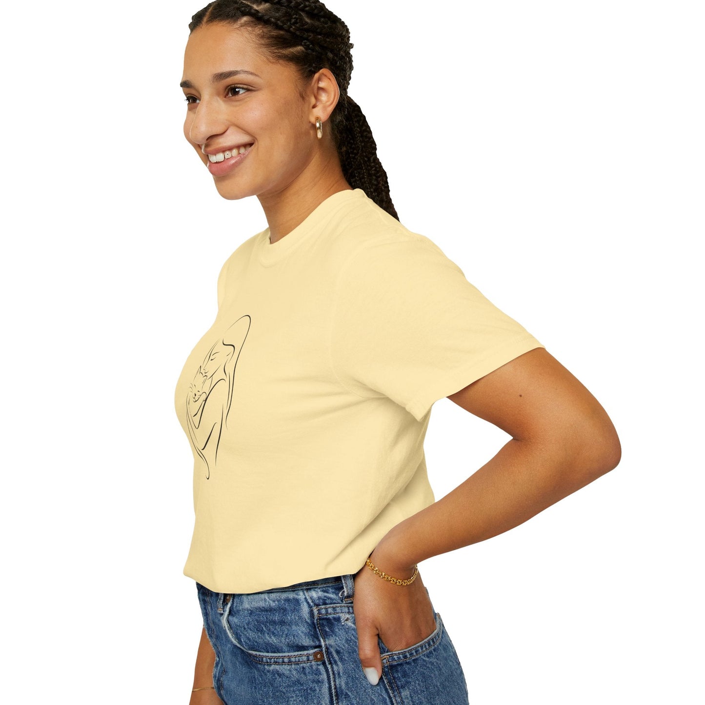 Camiseta Madre y Gato Abrazo | Camiseta Minimalista de Arte Lineal para Mamás de Gatos
