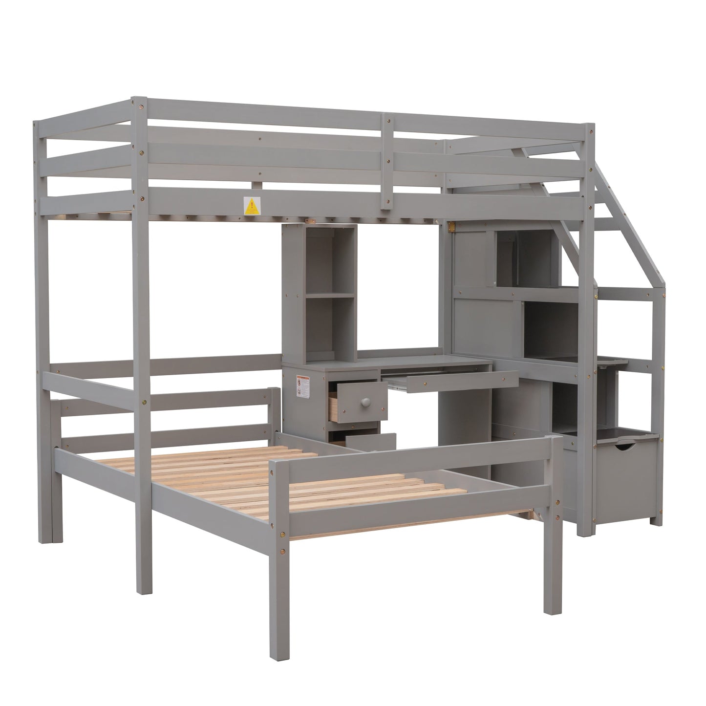 Cama loft tamaño twin con escalera de almacenamiento y escritorio - Gris