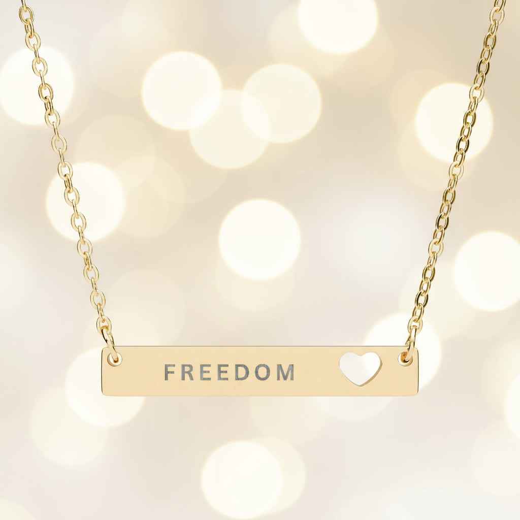 Engraved Freedom Cutout Heart Bar Necklace