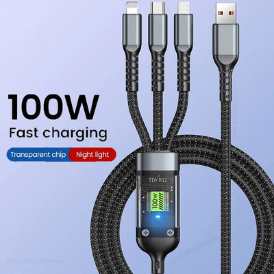 3-in-1 USB 100W Cable for Fast Charging and Data Transfer