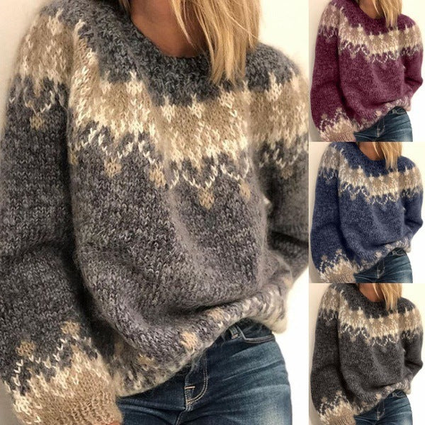 Ethnic Style Jacquard Pullover Sweater for Women