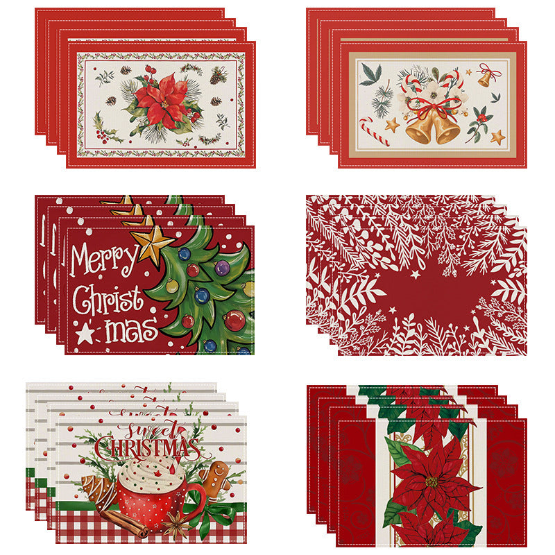 Christmas tree bell print placemat red striped plaid linen table mat Christmas party decoration insulation mat - Korvel
