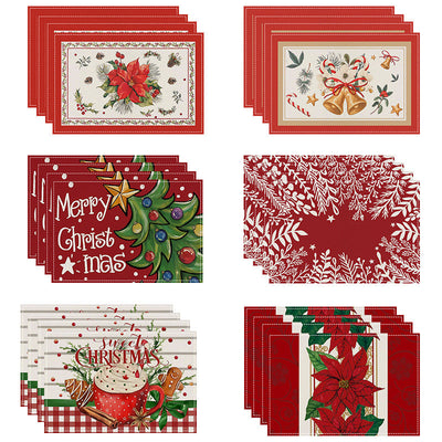 Christmas tree bell print placemat red striped plaid linen table mat Christmas party decoration insulation mat - Korvel
