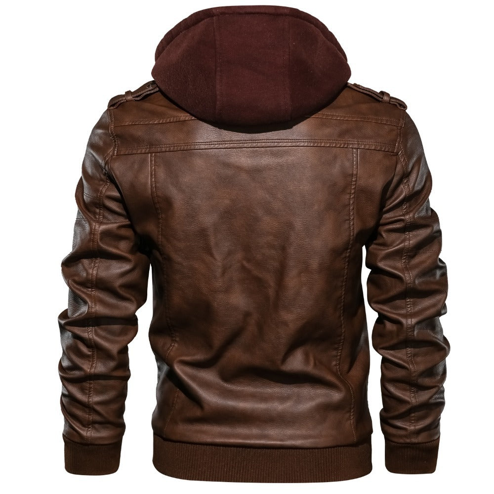 Men's PU Leather Bomber Jacket with Removable Collar
