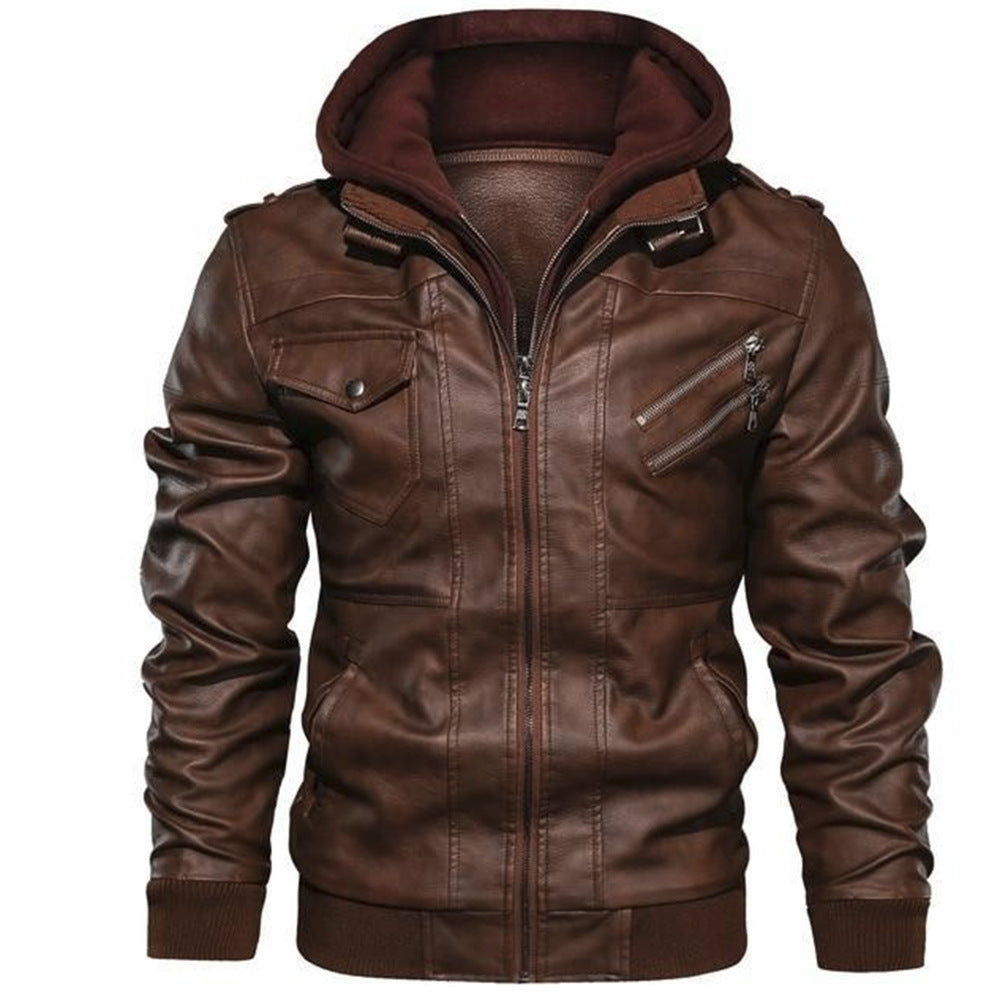 Men's PU Leather Bomber Jacket with Removable Collar