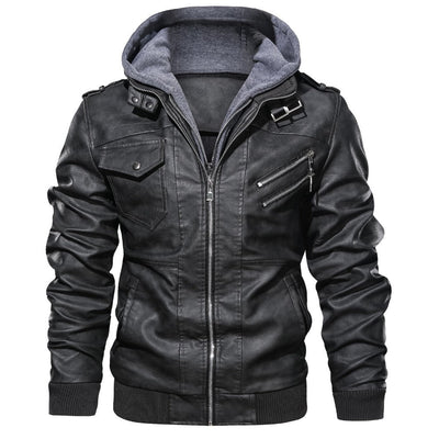 Men's PU Leather Bomber Jacket with Removable Collar