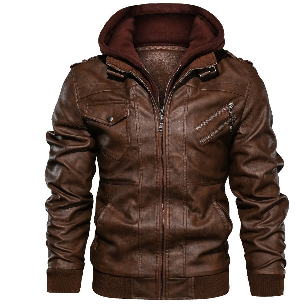 Men's PU Leather Bomber Jacket with Removable Collar