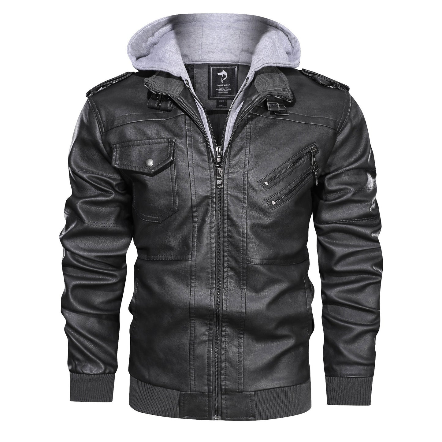 Men's PU Leather Bomber Jacket with Removable Collar