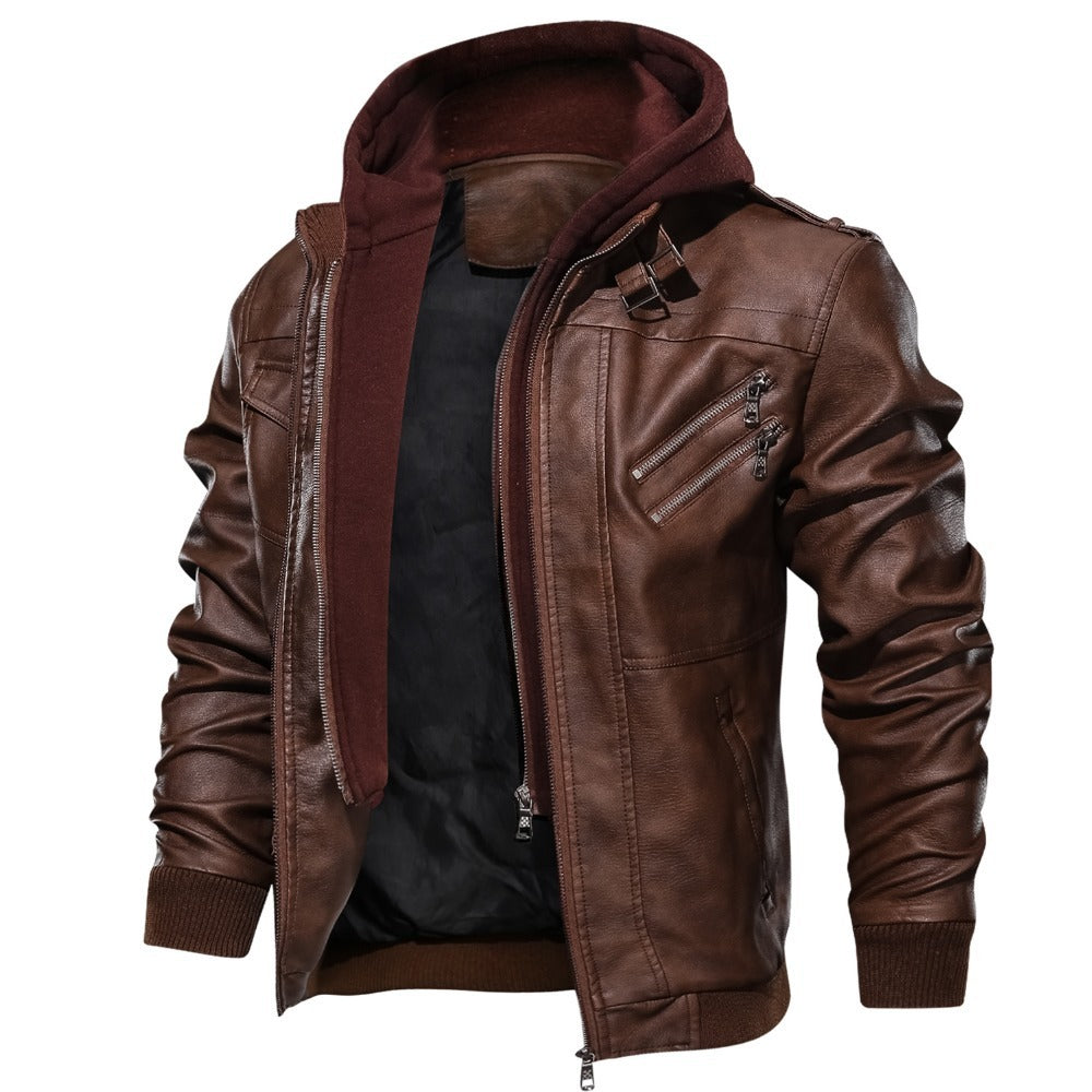 Men's PU Leather Bomber Jacket with Removable Collar
