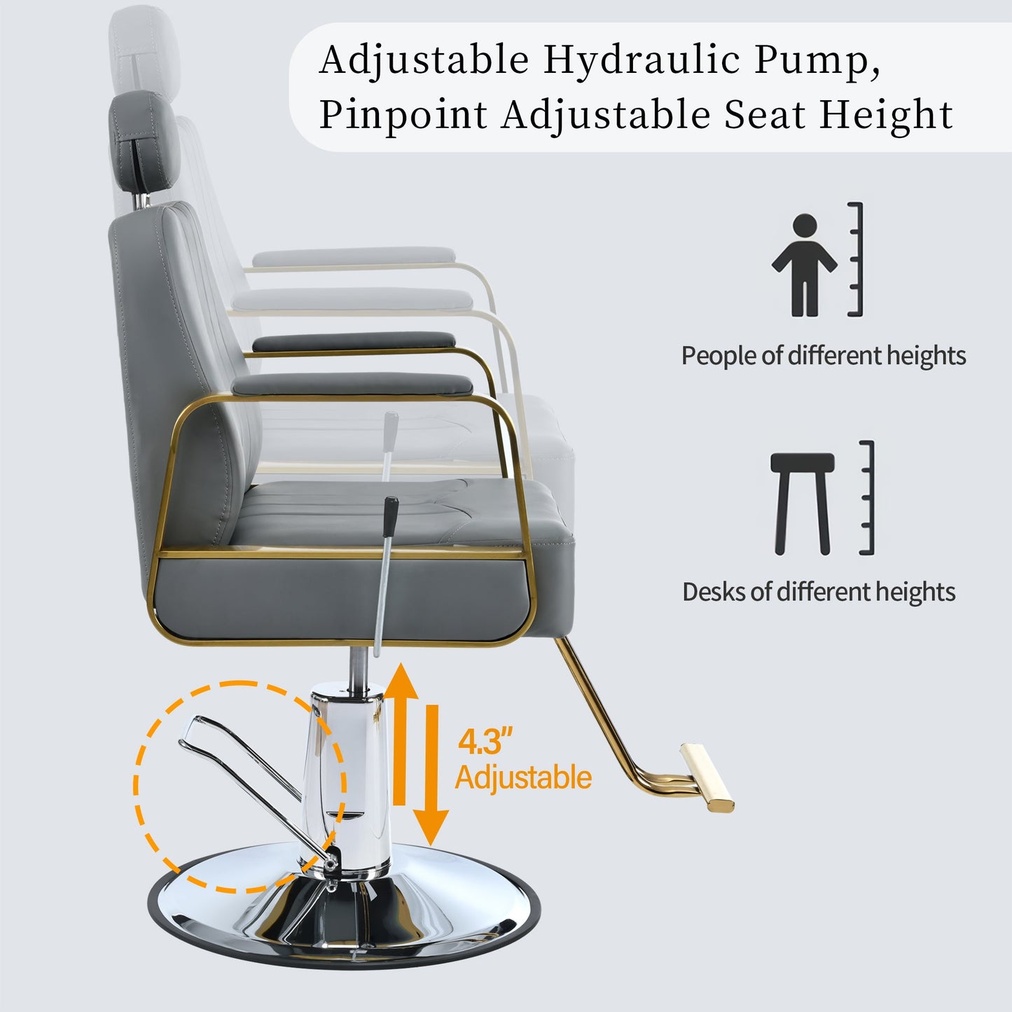 Advanced reclining hair salon chair with heavy-duty hydraulic pump, 360 ° rotation, maximum weight capacity of 400 pounds, Gray - Korvel