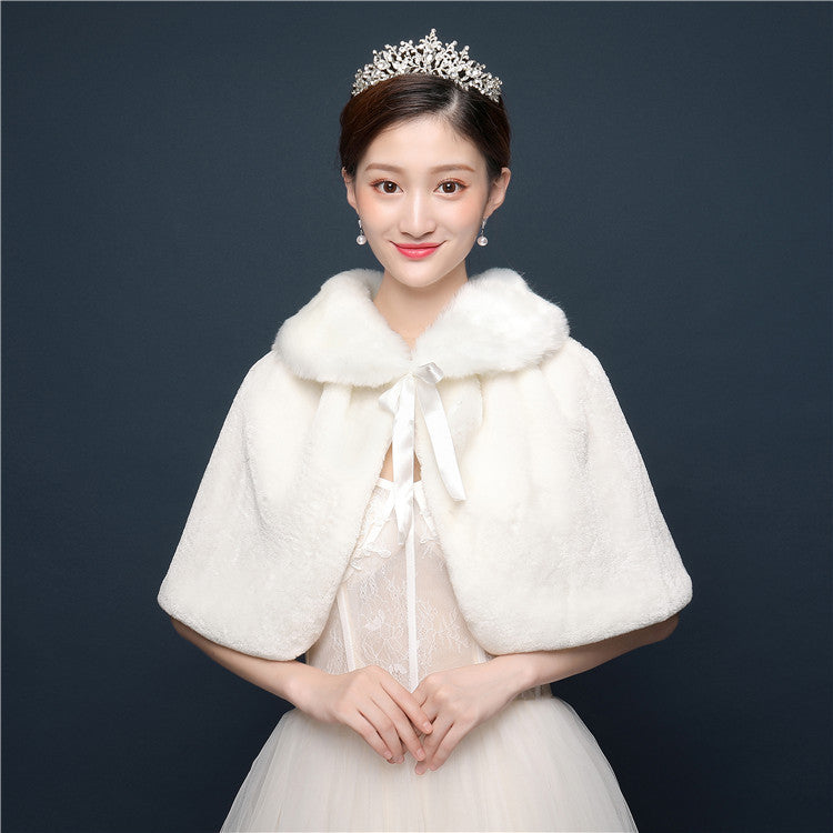 Bride's wedding dress fur shawl women's warm white cloak cheongsam jacket red cloak - Korvel