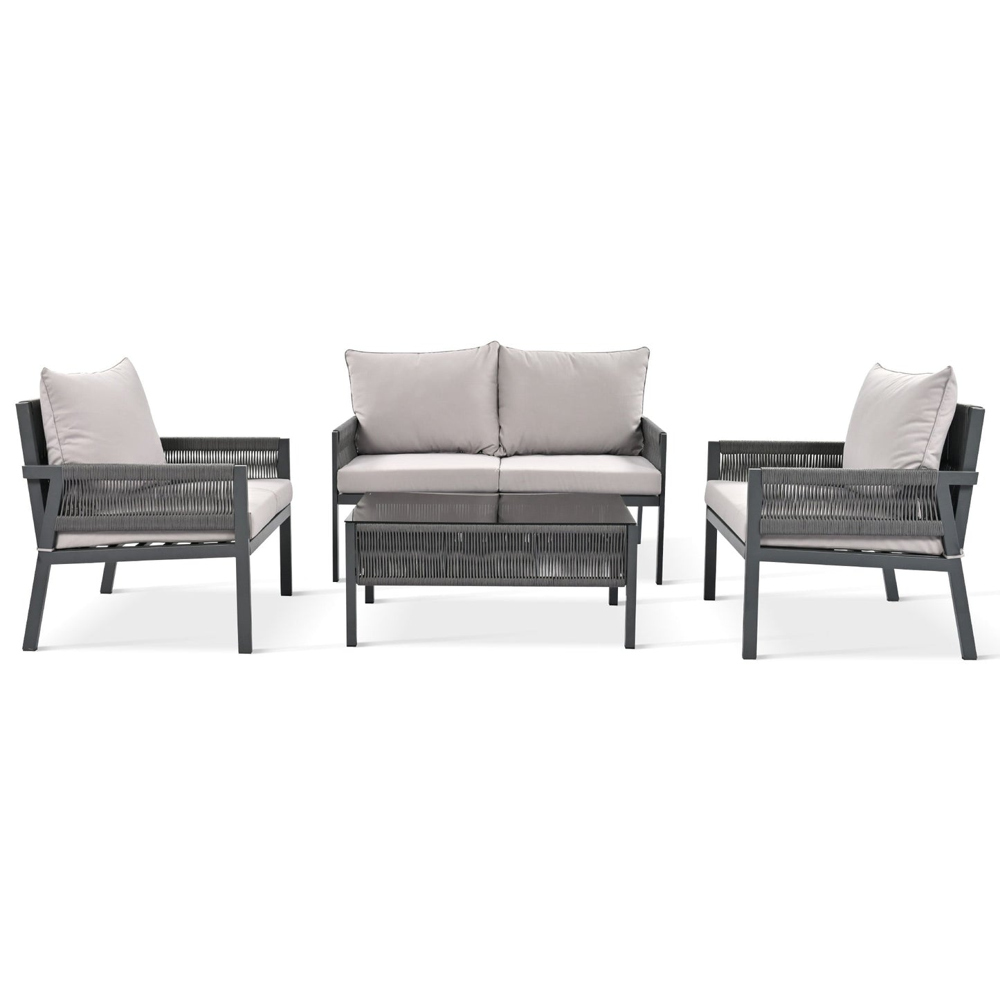 Outdoor Furniture with Tempered Glass Table Deep Seating with Thick Cushion for Backyard Porch Balcony (Grey) - Korvel