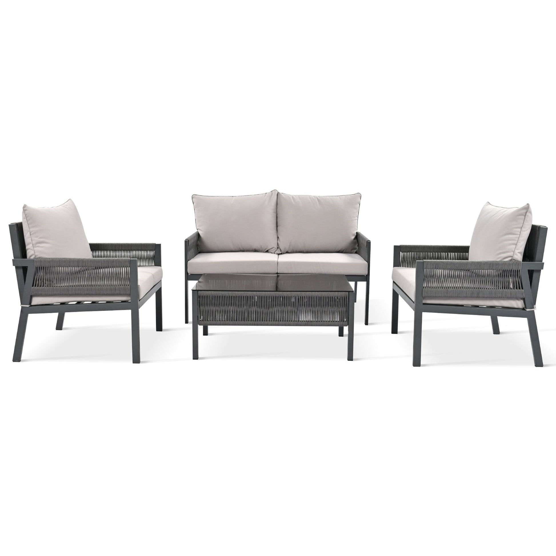 Outdoor Furniture with Tempered Glass Table Deep Seating with Thick Cushion for Backyard Porch Balcony (Grey) - Korvel