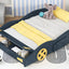 Full Size Race Car-Shaped Platform Bed with Wheels and Storage, Dark Blue+Yellow - Korvel
