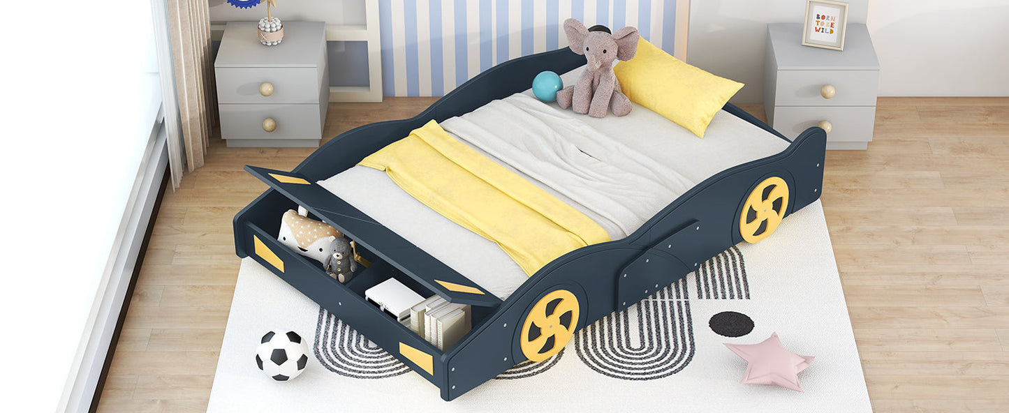 Full Size Race Car-Shaped Platform Bed with Wheels and Storage, Dark Blue+Yellow - Korvel