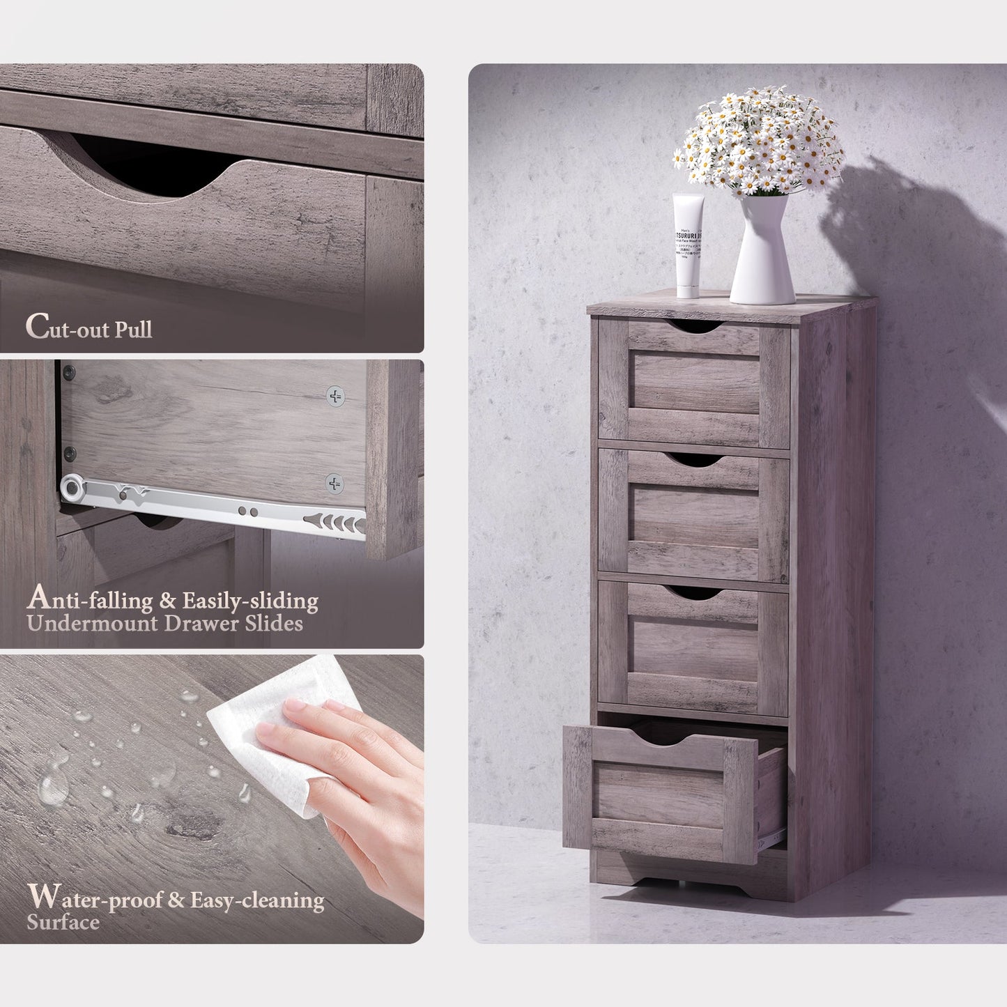 Floor Cabinet Wooden Storage Cabinet Home Office Living Room Bathroom Side Table Sturdy Modern 4 Drawers Grey - Korvel
