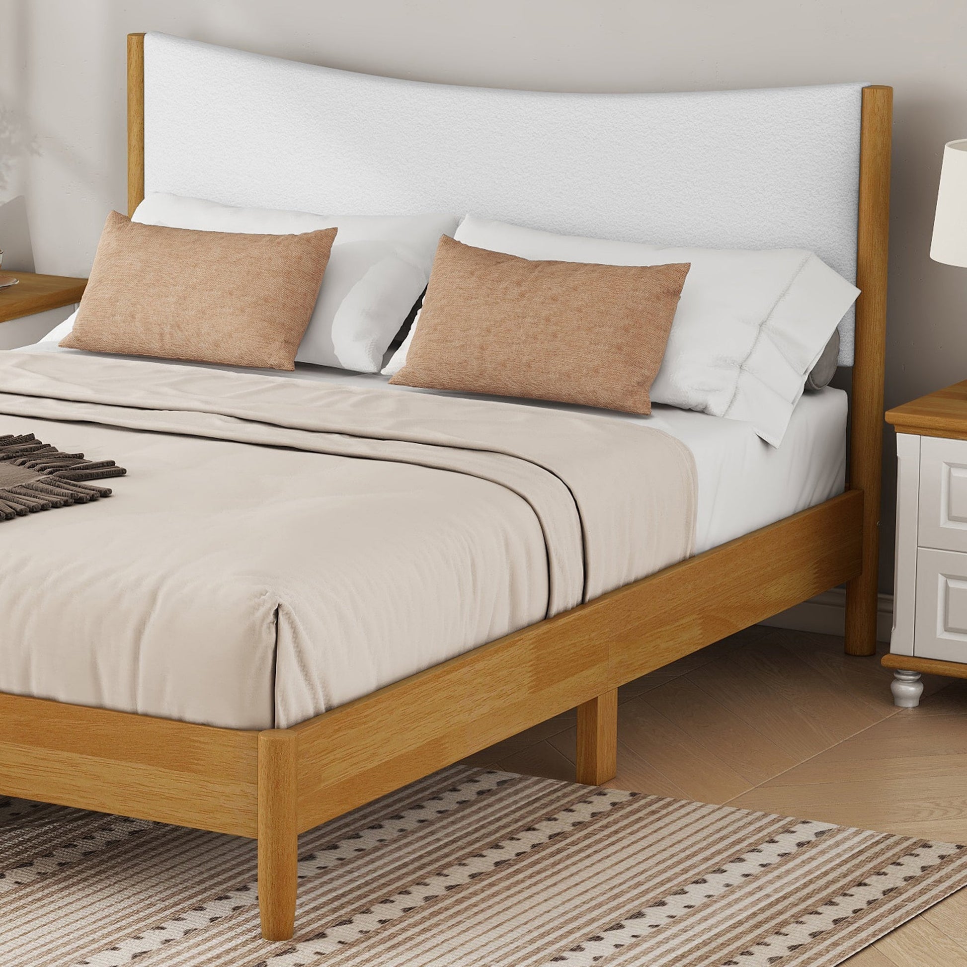 Queen Size Rubber Wooden , Solid Wooden Bed with Teddy Velvet Cushion Upholstered Headboard, Enhanced by Support Feet - Korvel