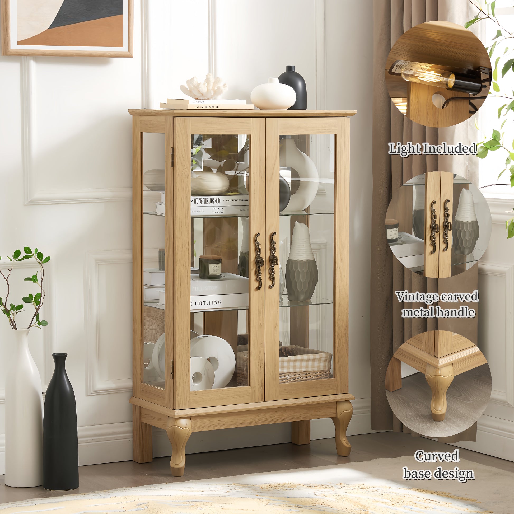 Dual door Curio cabinet with tempered glass doors, mirrored back panel and adjustable shelves, home lighting display cabinet Oak - Korvel