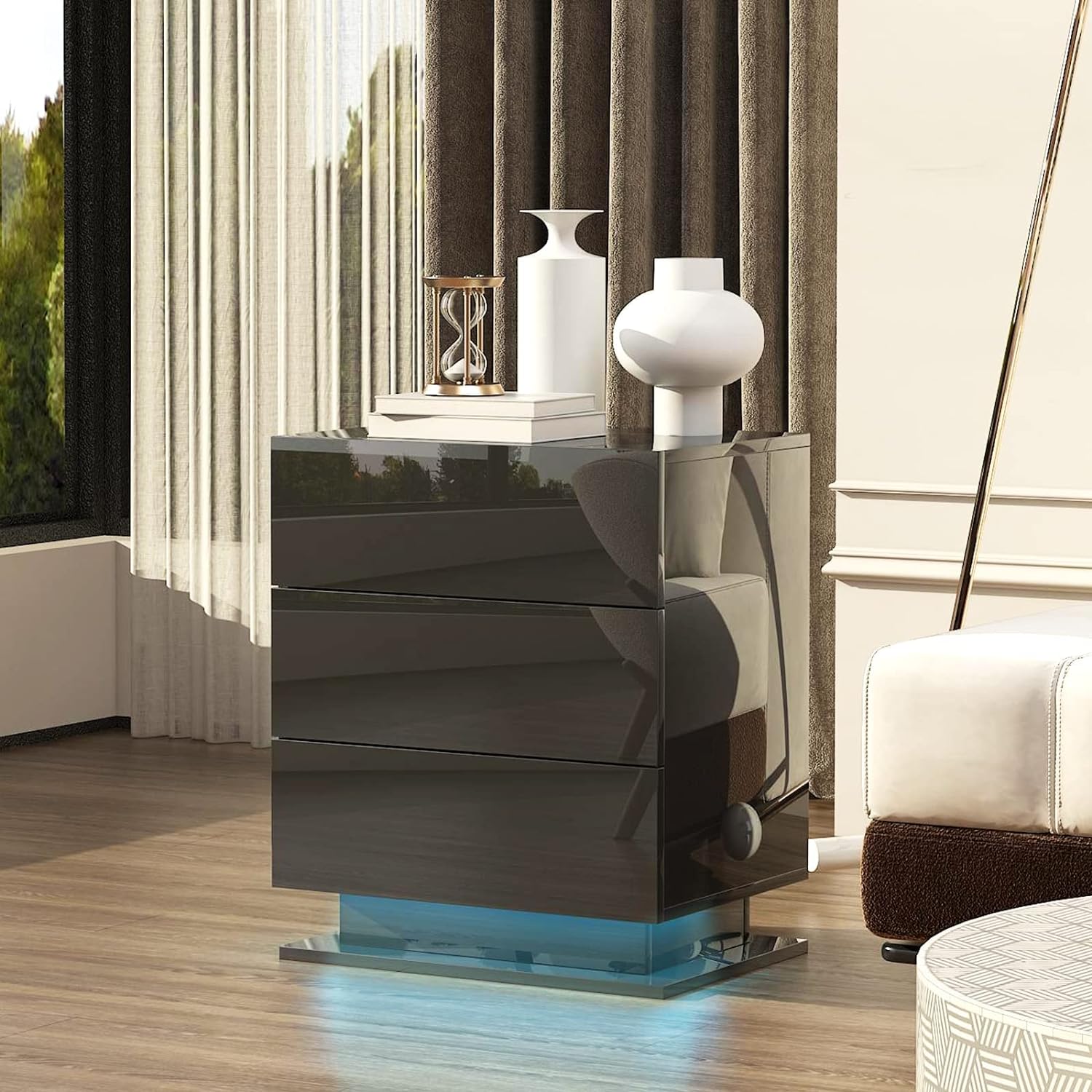 Nightstand with 3 Storage Drawers,Led Lights, End Table for Bedroom Furniture - Korvel