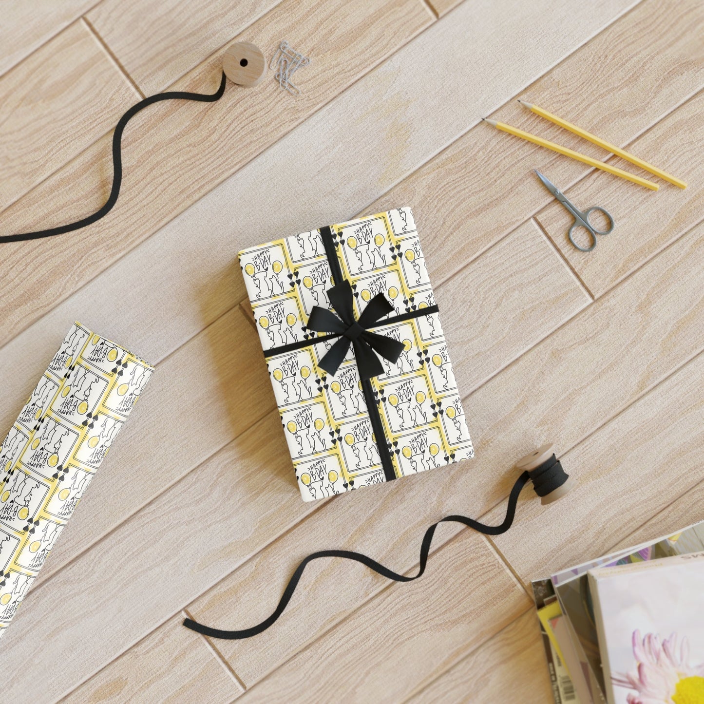 Vibrant Dog & Cat Birthday Gift Wrap - 1 Roll in Black & Yellow - Korvel