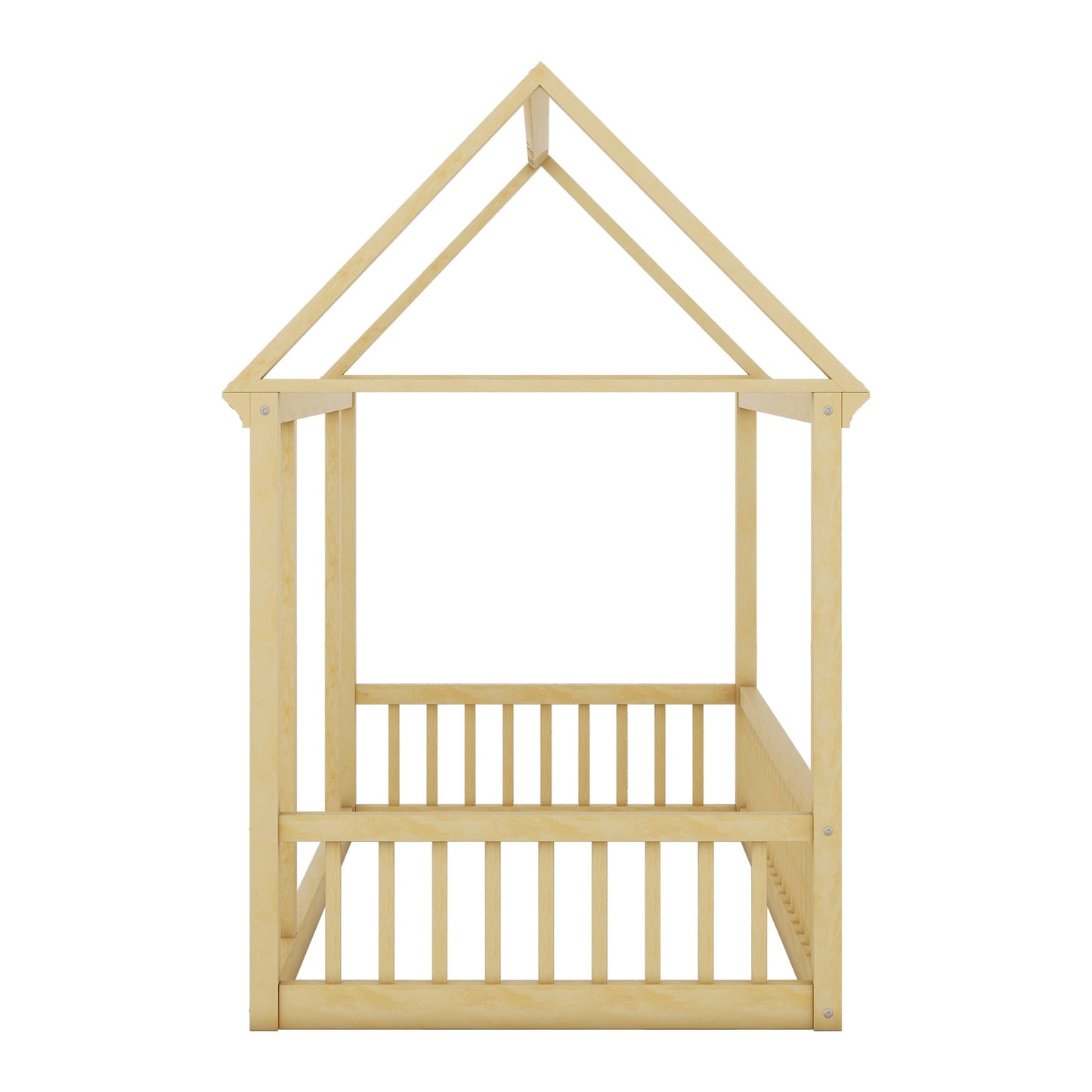 Twin Size Floor Wooden Bed with House Roof Frame and Safety Guardrails,Natural - Korvel